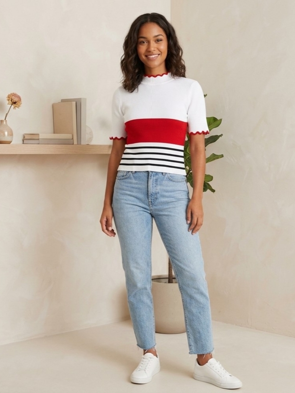Paper Heart Ribbed Colorblock Scalloped Neck Crop Knit Top Red/White/Black Med